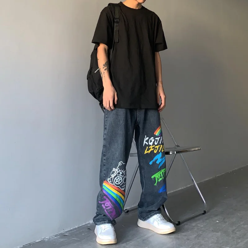 DEEPTOWN Loose Graffiti Jeans Men Straight Hip Hop Denim Pants Oversize Trousers Male Streetwear Korean Casual Plus 5XL Spring