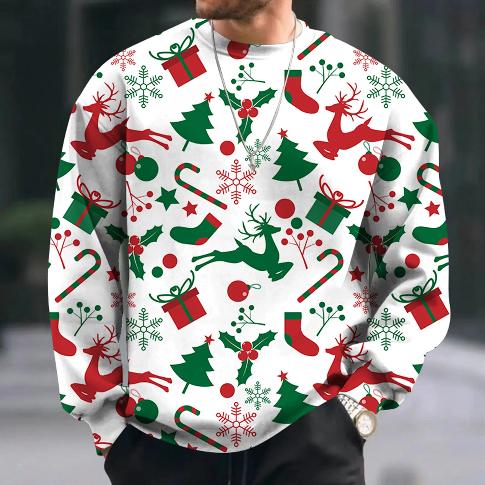 

Мужской пуловер с рождественским принтом, свитшот с длинным рукавом и круглым вырезом, свободный спортивный костюм в стиле пэчворк для отдыха