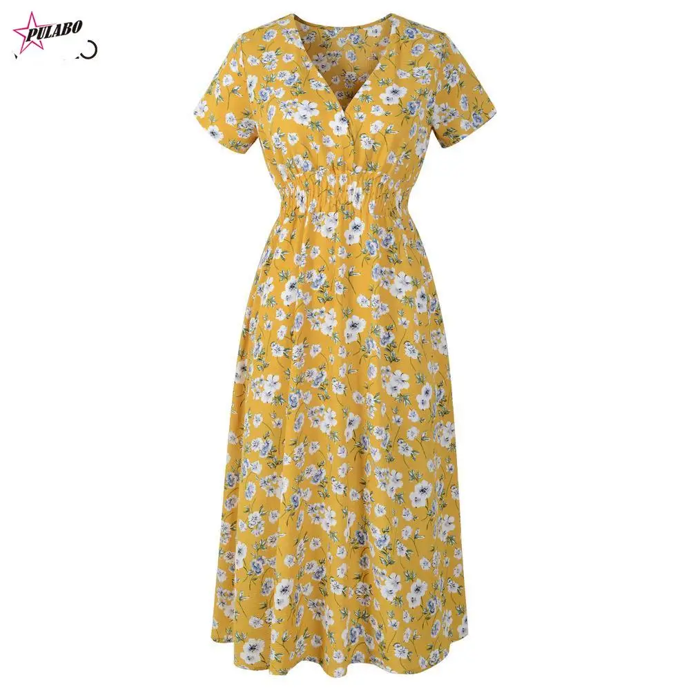 

2022 Spring And Summer New Women Chiffon Beach Dress Printed V - Neck Short Sleeve Dress Bohemian Mini Floral Print Dress