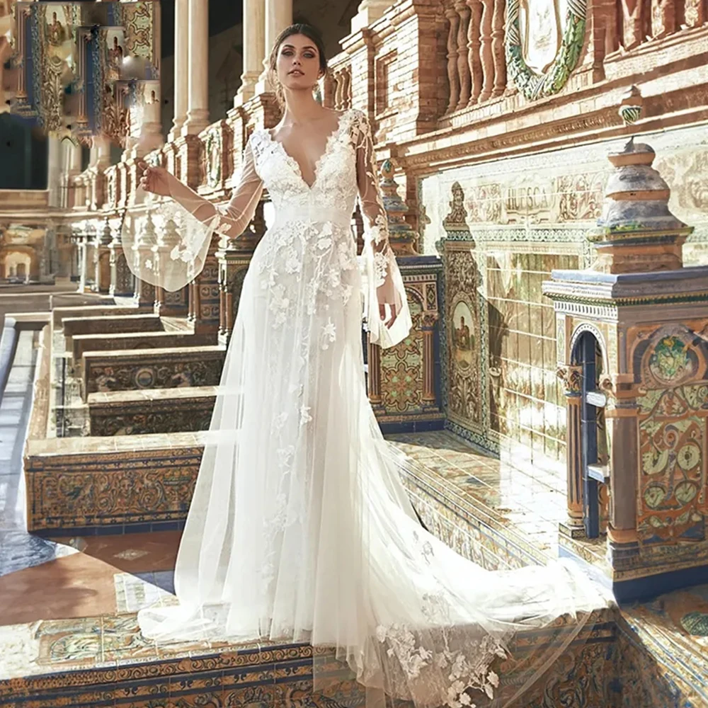 

Винтажное свадебное платье с длинным рукавом, пикантное кружевное платье с глубоким V-образным вырезом, аппликацией и открытой спиной, с юбкой годе, с иллюзией, со шлейфом, индивидуальный пошив