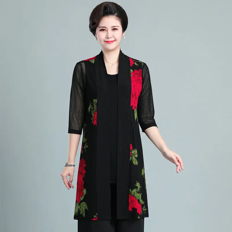 

Chiffon Coat Cardigan Women's Summer Thin Coat Loose Sunscreen Clothing Temperament Printing Ice Silk Medium And long Size Women