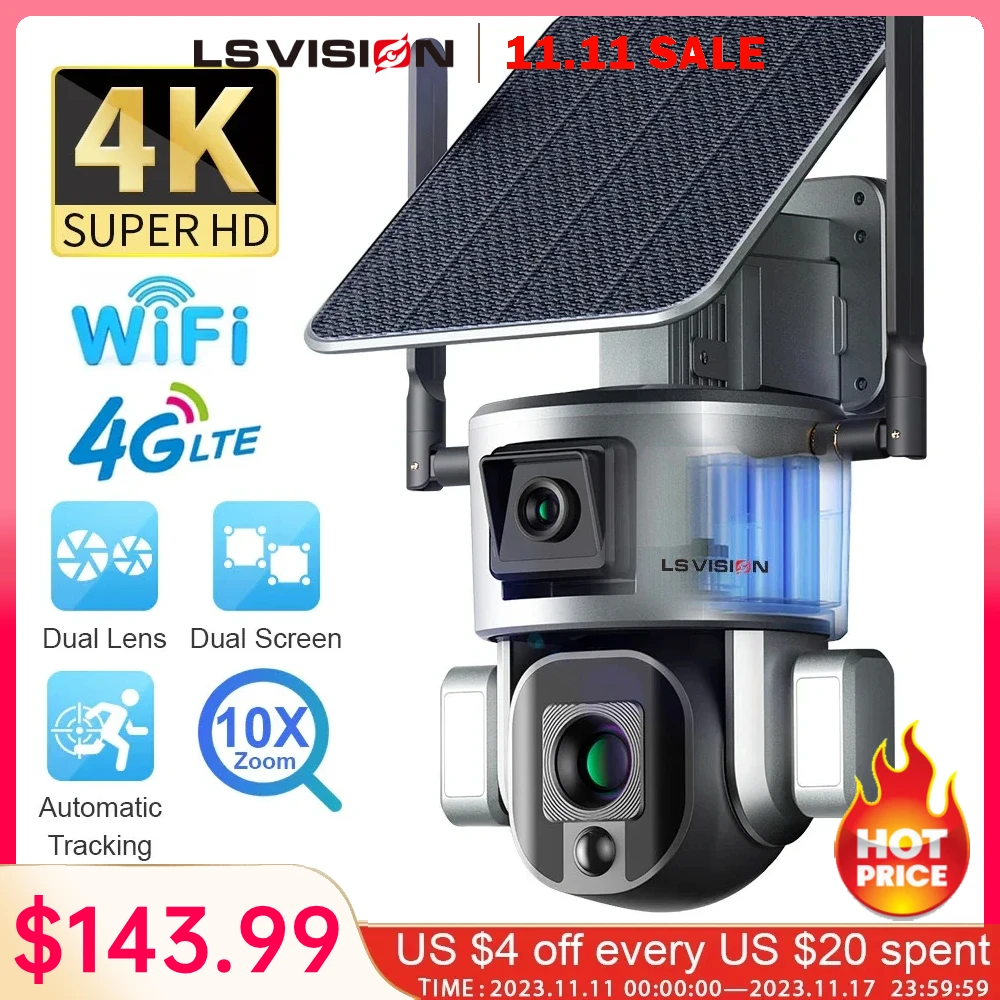 

LS VISION 4K 8MP 4G/WIFI Wireless Solar Camera Dual Lens 10X Optical Zoom With Solar Panel Humanoid Tracking PTZ Security Cam