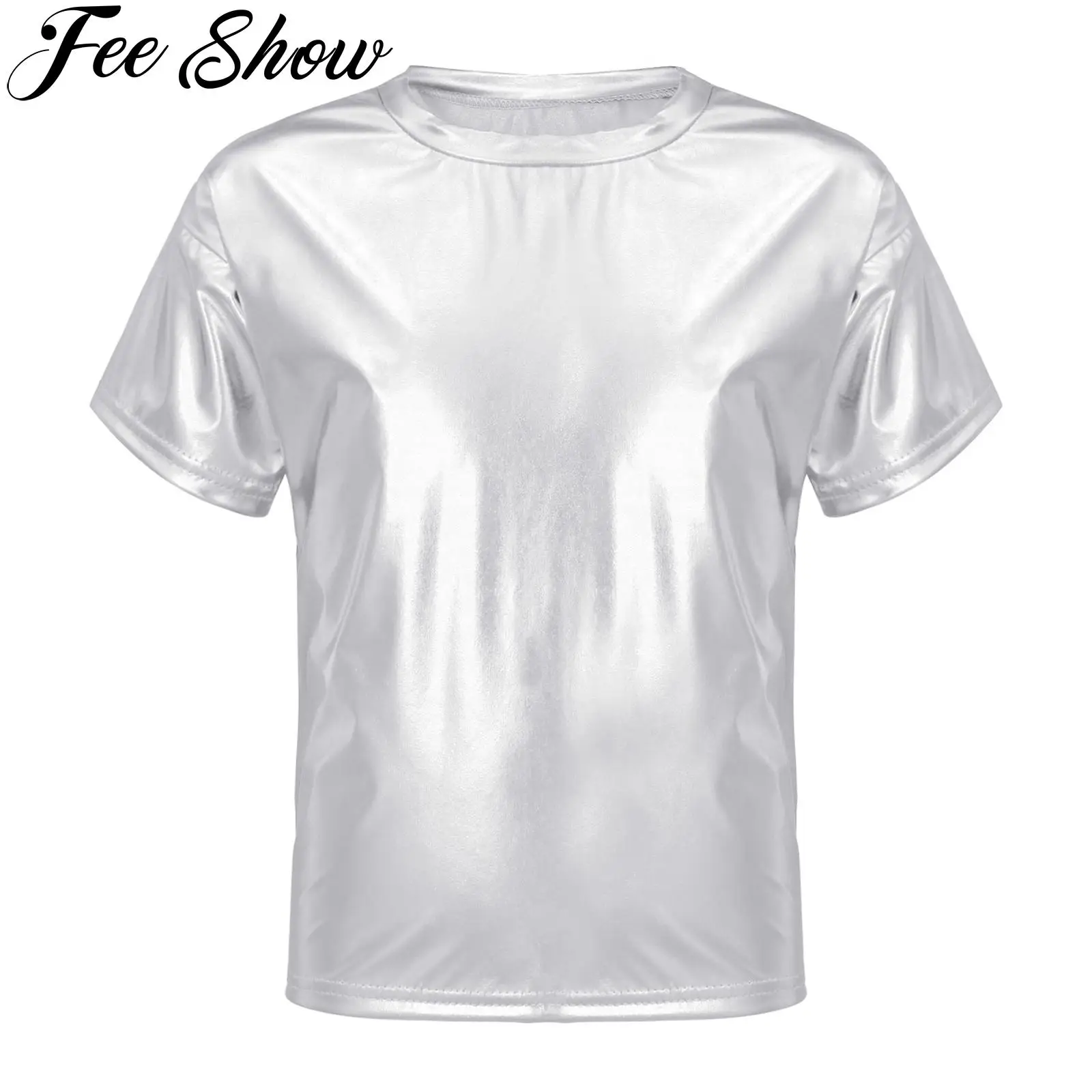 Kids Girls Boys Jazz Hip Hop Dance Competition Stage Performance Tops Dancewear Metallic Shiny Short Sleeve Round Neck T-shirt