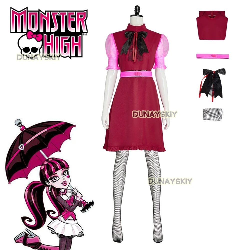 Draculaura Cosplay Anime Movie Monster Dress High Girl Costume Wig Pink Black Halloween Women Fancy Roleplay Outfit