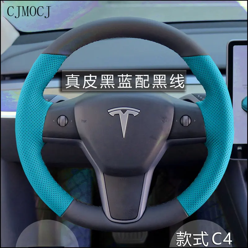 

The Steering Wheel Cover Is Made for Tesla Model Y 3 Leather and The Special Hand Sewn Handle Cover Special Vehicle Is Made
