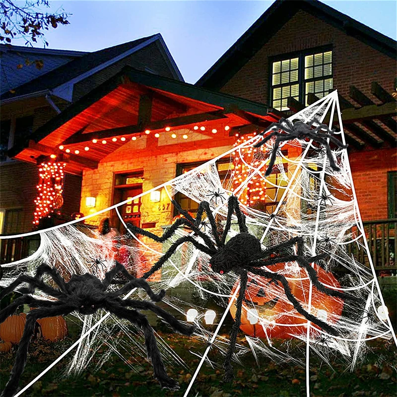 

Giant Halloween Decor Spider Web Stretchy Cobwebs with Fake Spiders Terror Bar Haunted Home Cobweb Props Scary Party Scene Decor