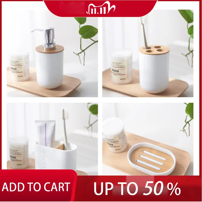 

Bathroom Accessories Set Resin and Wood Soap Lotion Dispenser Toothbrush Holder Soap Dish Tumbler Pump Bottle Cup