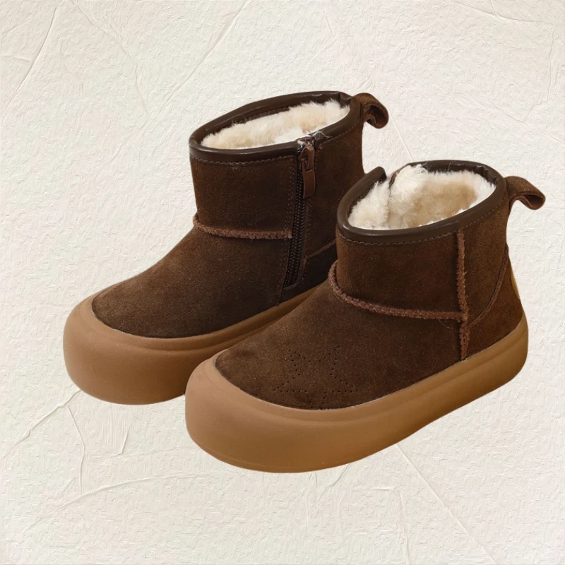 Зимние ботинки из натуральной кожи для мальчиков и девочек однотонные теплые