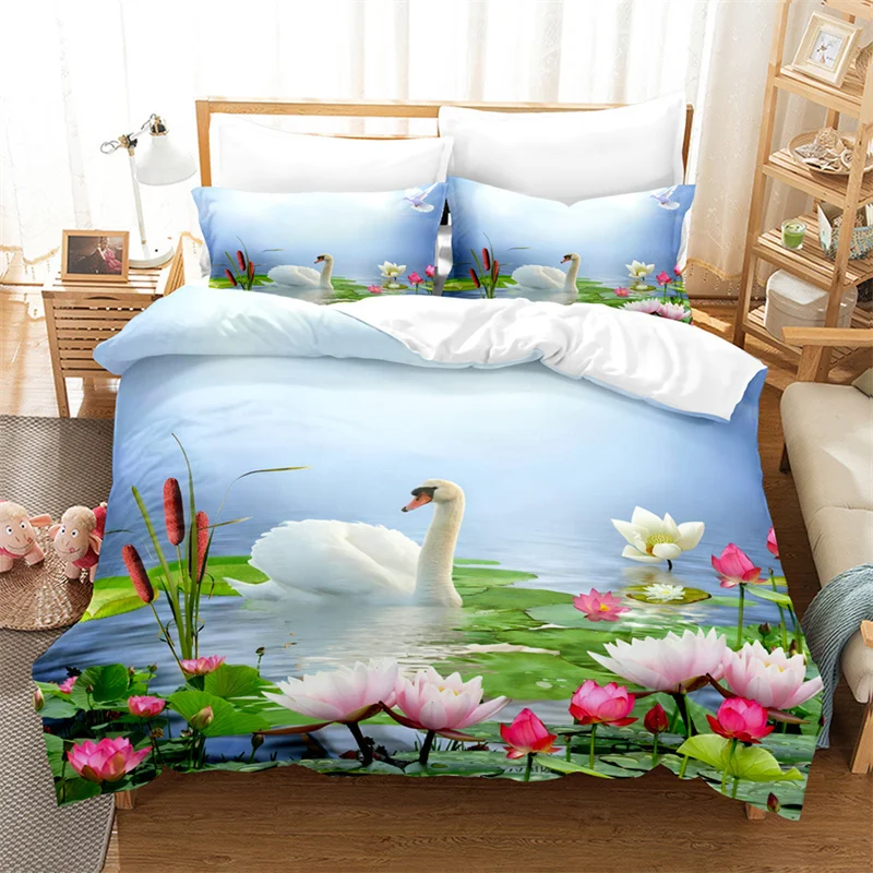 

White Swan Bedding Set Flower Duvet Cover Set Lovers Bedding Kids Luxury King Size Comforter Bedding Sets Queen Duvet Cover Set