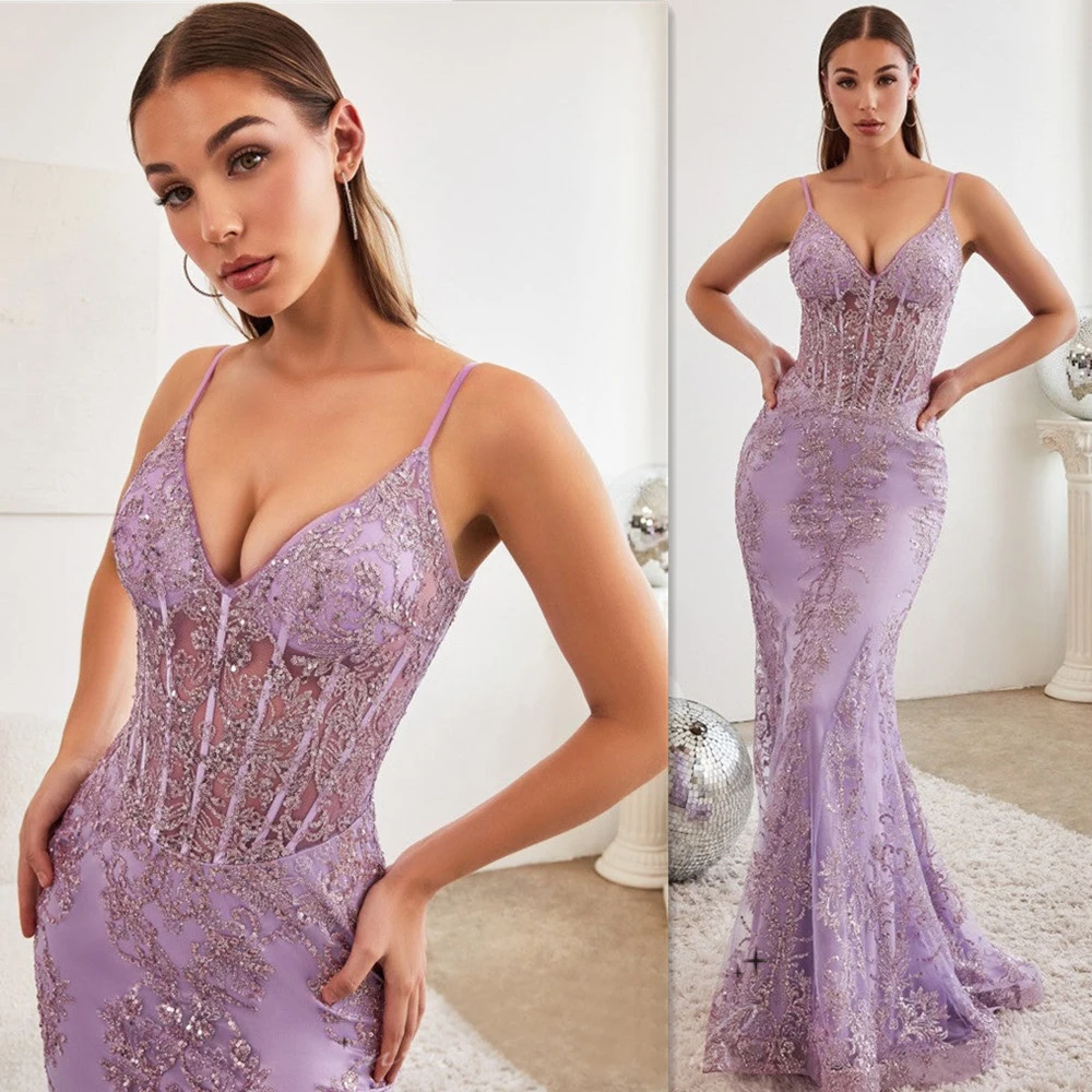 

BridalAffair Sexy Mermaid Prom Dress Luxury Lace Embroidery Evening Dress Spaghetti Strap فستان سهرة Lace Sweep Train Party Gown