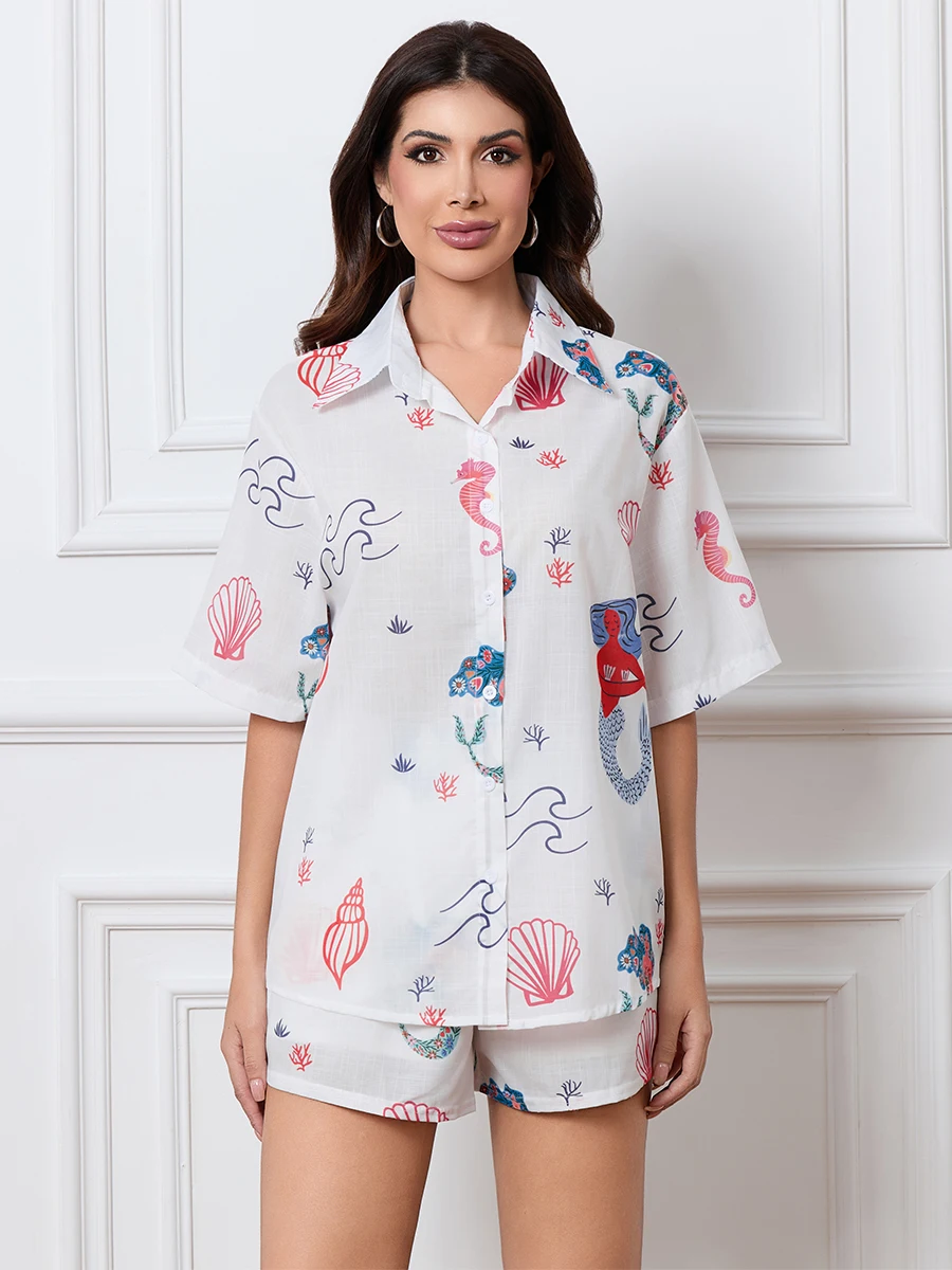 Женский комплект из 2 предметов Y2K рубашка с коротким рукавом и пуговицами шорты