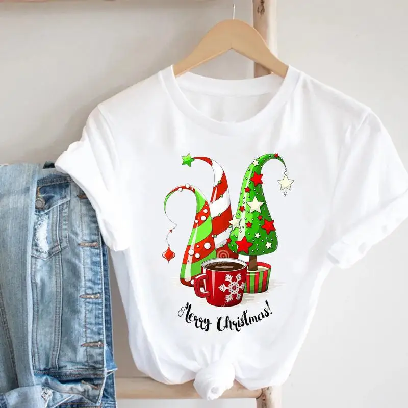 

Женская рождественская футболка 2022 в стиле Счастливого праздника, новый год, модная симпатичная футболка с графическим принтом, топ, мультя...