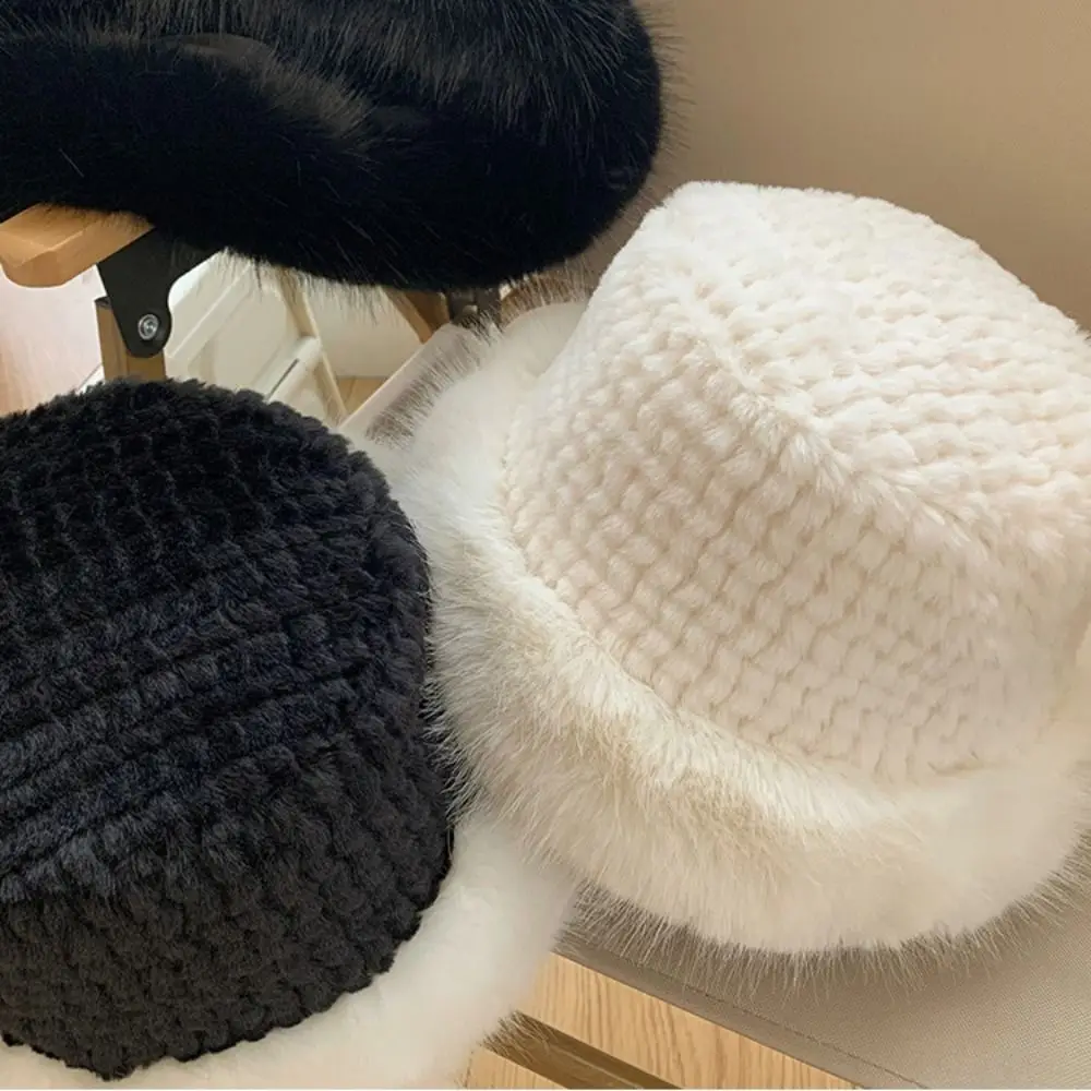 

White Winter Bucket Hat New Thickened Furry Fluffy Hat Warm Cold Protection Wool Cap Women