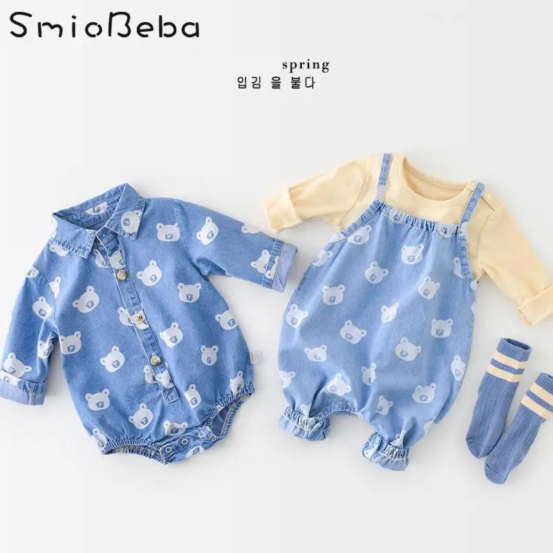 

2022 Spring Kids Baby Girls Boys Newborn Bodysuits Korean Ins Turn Down Collar Cowboy Shirt Collar Cute Bear Design Rompers 0-2Y