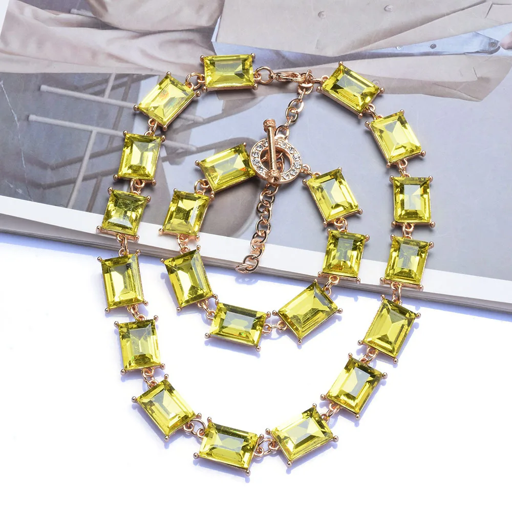 

Popular Geometric Square Colored Crystal Necklace In Europe and America, Light Luxury Fashion Necklace, Cross Border Hot Sale