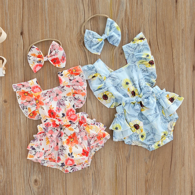 

Summer Baby Girls 2Pcs Outfits Clothes Newborn Print Floral Romper with Headband Clothing