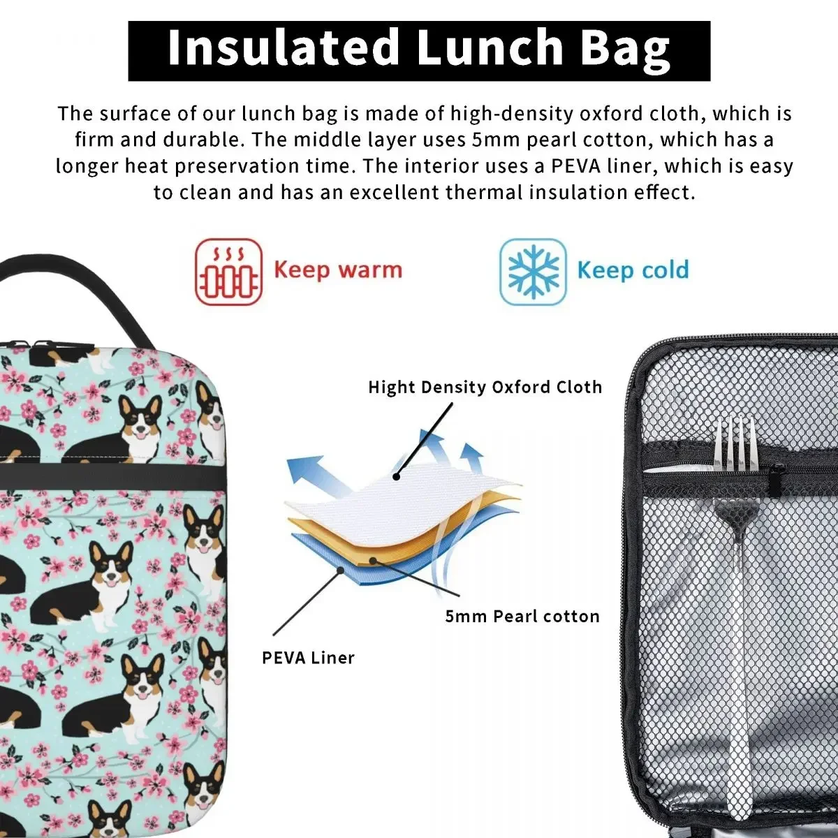 Сумка Для Обеда Корги Изолированный Дизайн С Цветущим Принтом Вишни