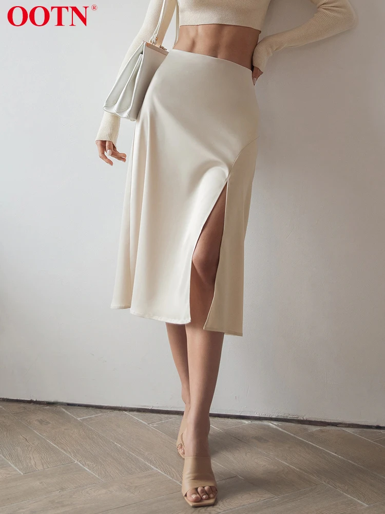 

OOTN Sexy Split High Waist Summer Skirt A-Line Satin Mid-Calf Skirts For Women Loose Casual Purple Korean Fashion Clothes 2021