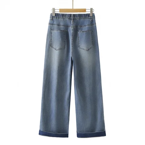 Женские джинсы больших размеров 100 кг, новые летние тонкие эластичные джинсовые прямые брюки, повседневные брюки до щиколотки, низ 8656