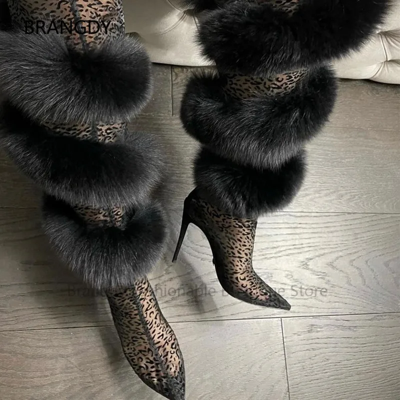 

2022 Stretch Fox Fur Thigh High Botas Pointy Toe Leopard Transparent Mesh Stiletto Heel Boot Women's Banquet High Heels Booties