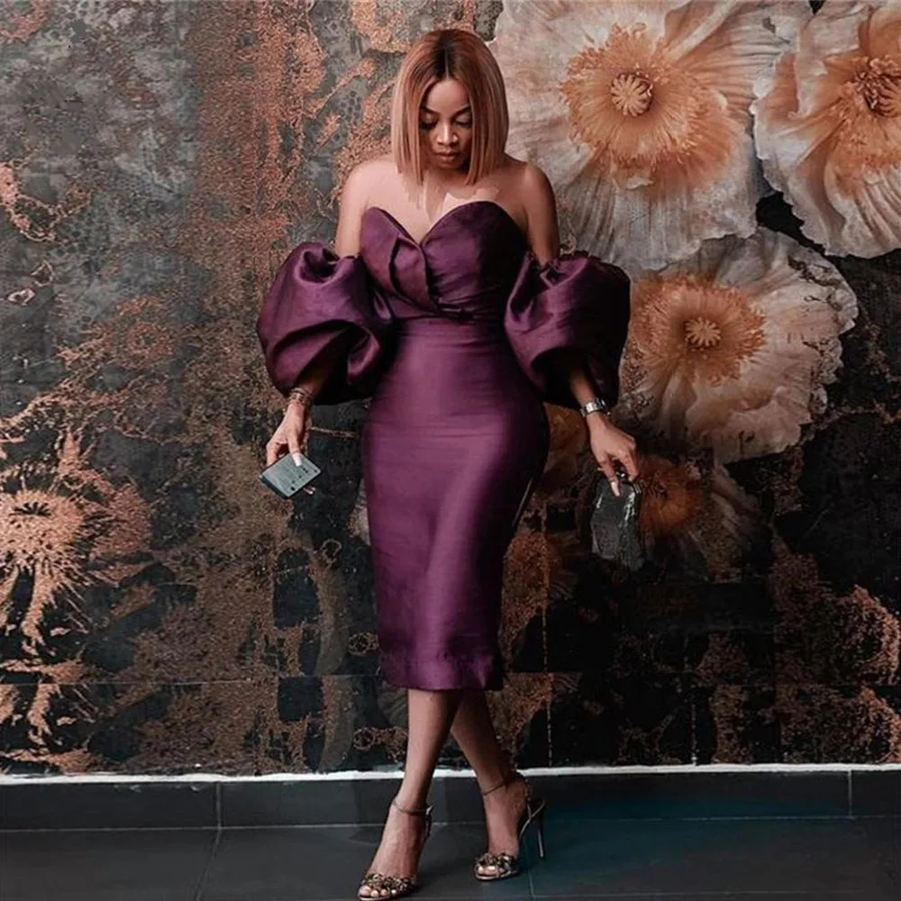 

Elegant African Women Short Prom Dress Tea Length Sweetheart Puffy Short Sleeves Off Shoulder Evening Dresses Purple Zipper Back