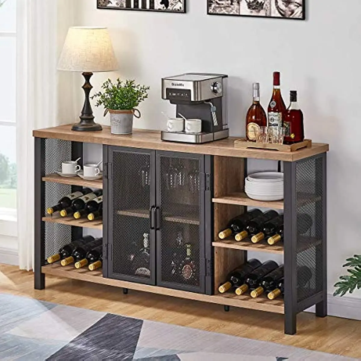 

Промышленный винный шкаф для ликера и бокалов, Деревянный кофейный шкаф для фермерского дома с винной стойкой, металлический буфет