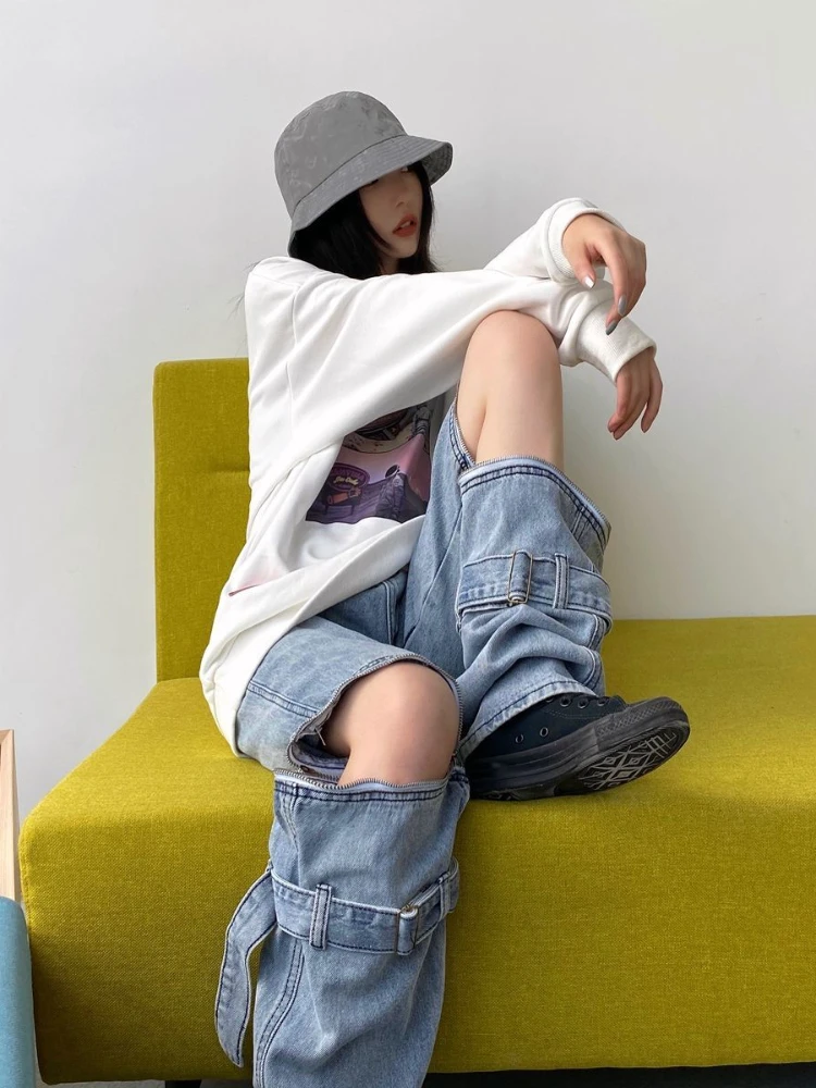 Женские джинсы с отверстиями широкие брюки в стиле хип-хоп молнией свободные