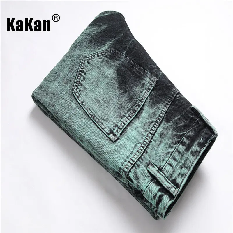 Kakan - New European and American Ripped Straight Leg Jeans for Men, Tie Dyed Green Black Casual Long Jeans K44-9242