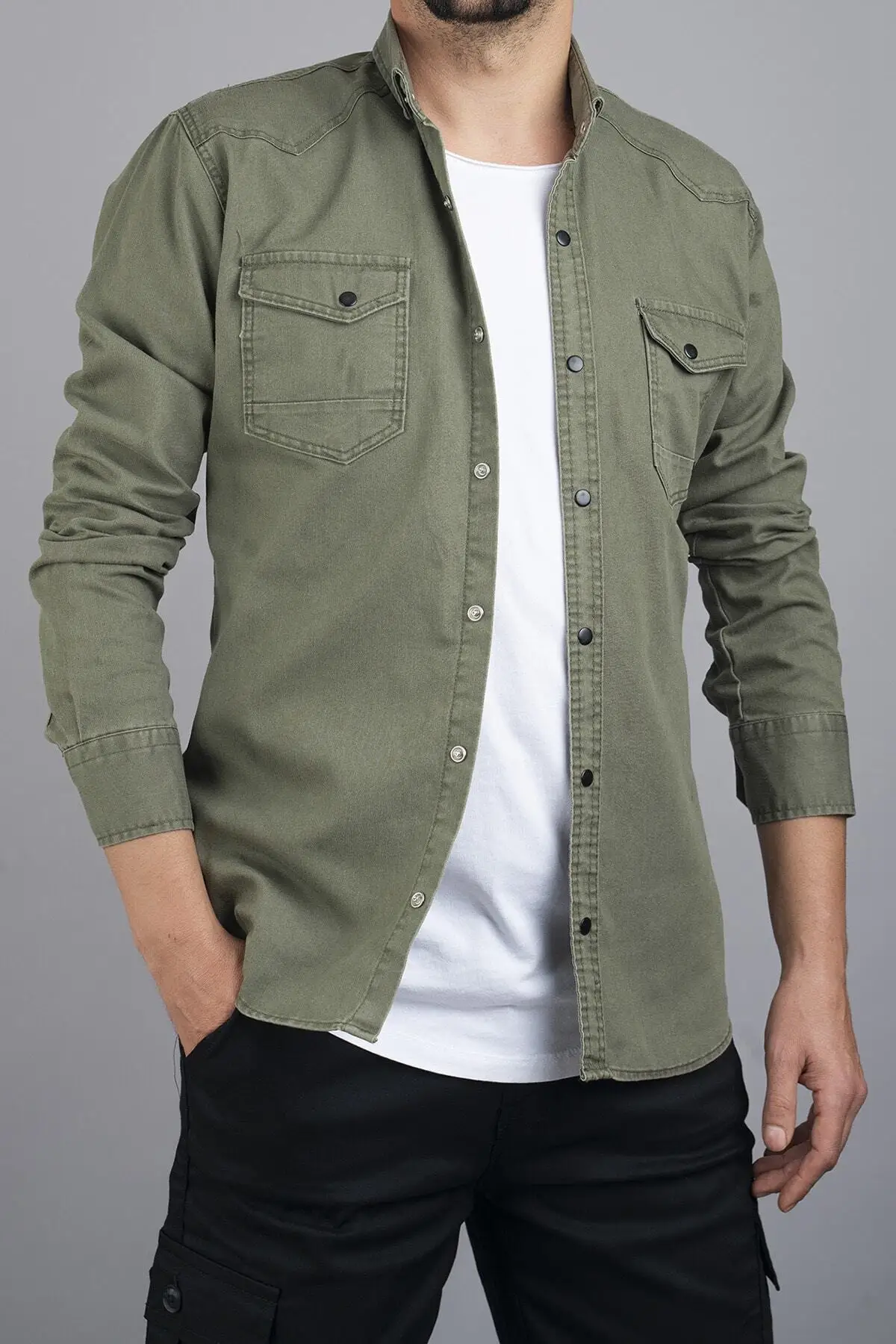 Slim Fit Men 'S Jeans Shirt Green