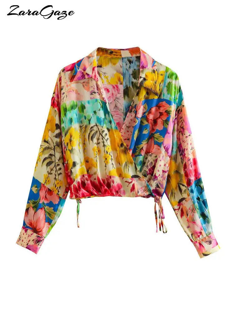 

Summer Printed Satin Blouse Women Patchwork Shrit Long Sleeve V Neck Hem Lace Casual Shirt Female Vintage Short Top