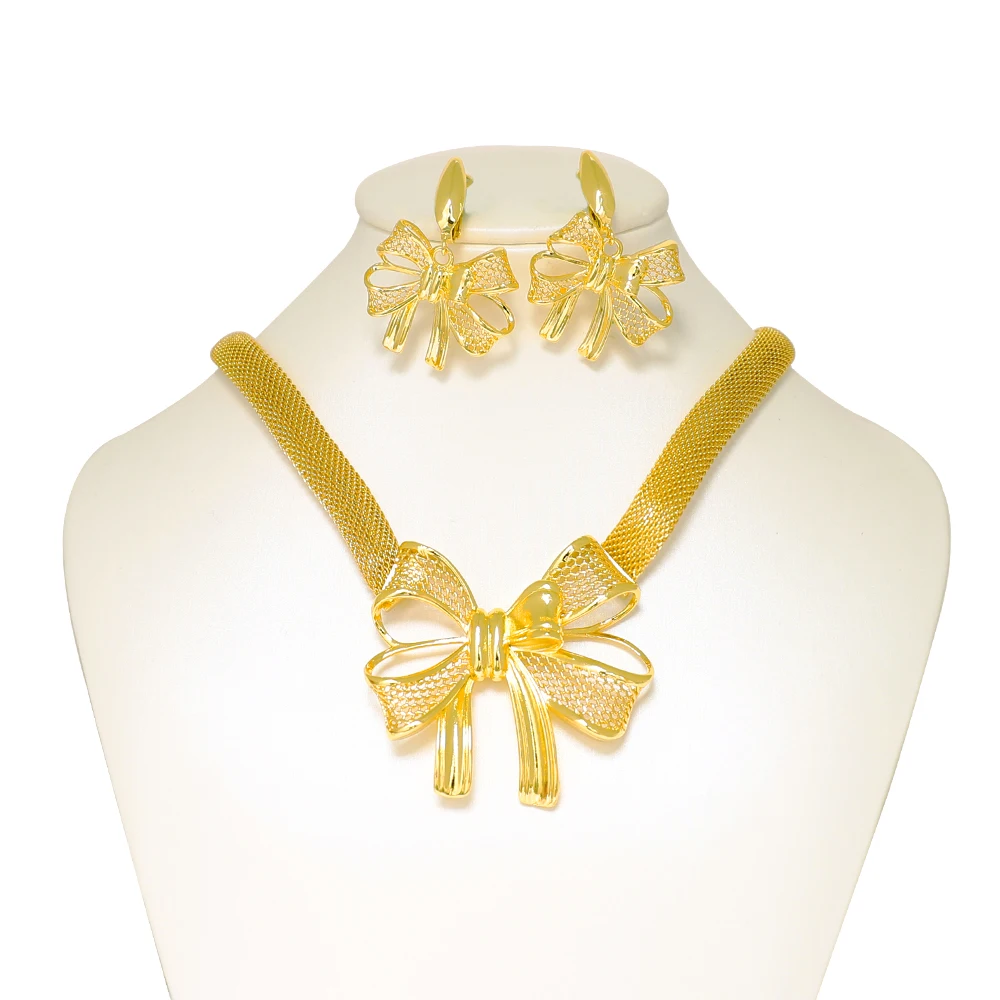 

Dubai 24K Gold Plated Hollow Bow Knot Pendants Necklace Charm Earring Jewelry Set Nigerian Indian Women Wedding Party Gifts