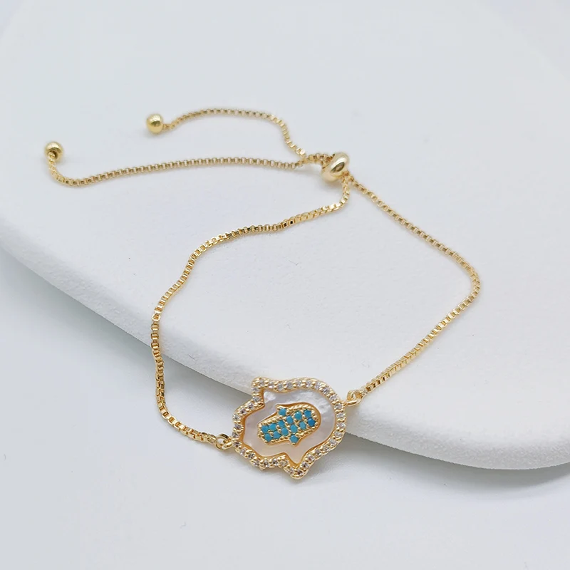 

Hot Sale Women Hamsa Hand Chain Gold Color Copper Zircon Pendant Adjustable Bracelet Hip Hop Turkish Luck Jewelry