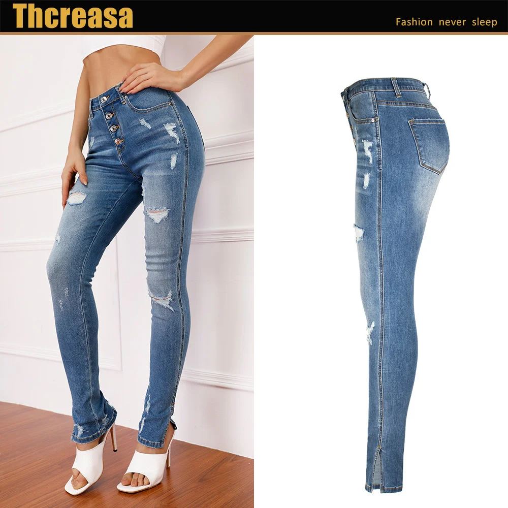 

Лидер продаж, женские джинсы на весну и лето 2023, новые стильные индивидуальные эластичные джинсы с дырками и средней талией, женские брюки-карандаш
