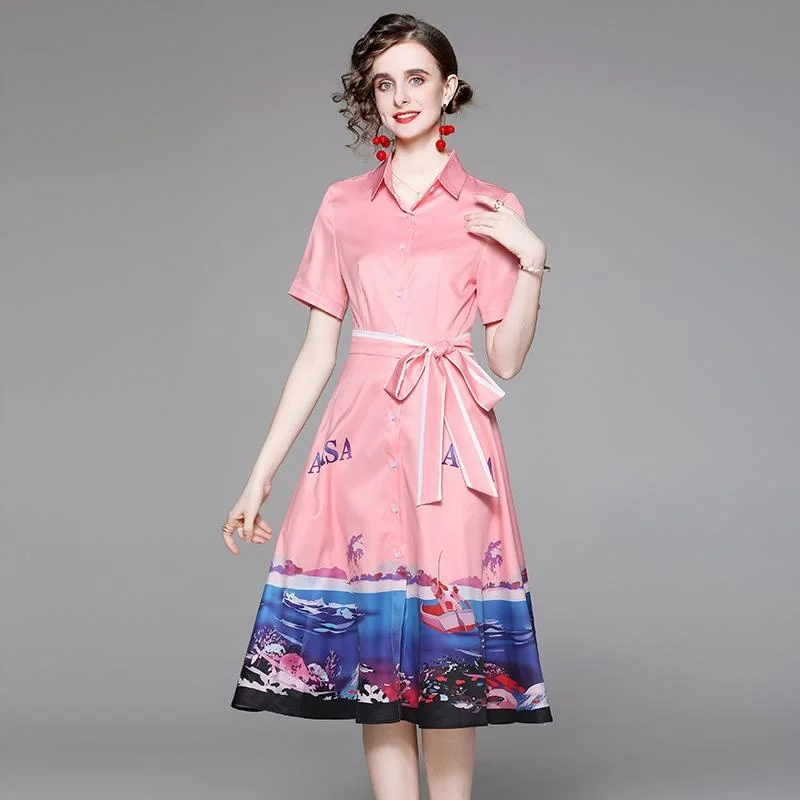 Женское однобортное платье-футболка розовое милое летнее платье в западном