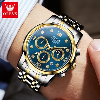 OLEVS Original Men Watch Quartz Chronograph Moon phase Date Luminous Waterproof Luxury Business Wristwatch Quartz Watch for Men 3