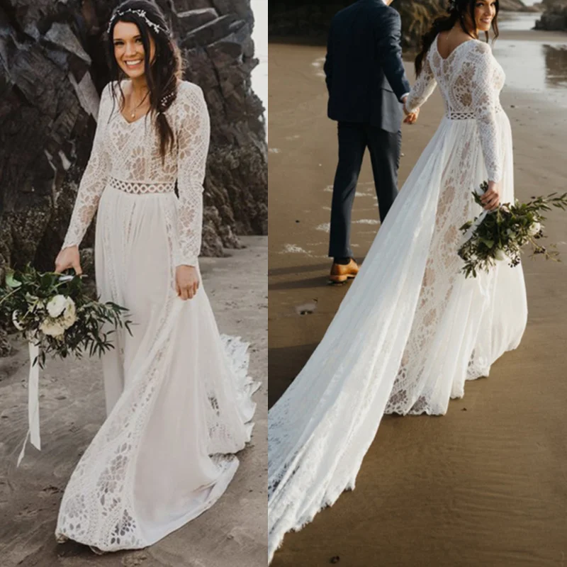 

Hippie Boho Beach Wedding Dress Chiffon Seaside Long Sleeve Elopement Backless Bride Dresses V Neck Lace Robe De Mariée Vestidos