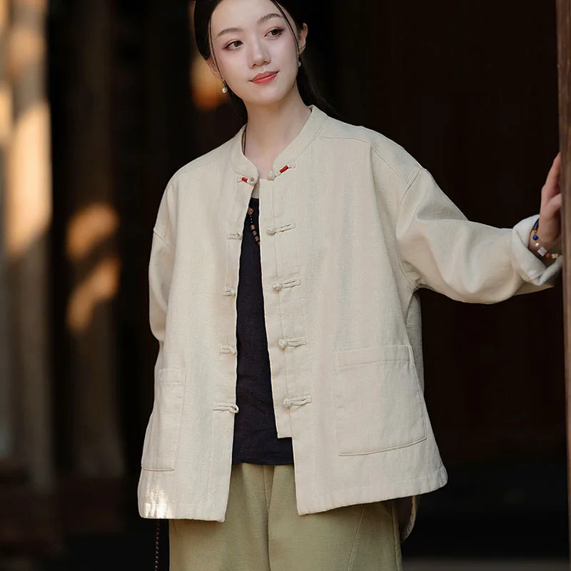 Оригинальное свободное короткое пальто Ramie Sand Fried Color Velvet Inside женское однобортное