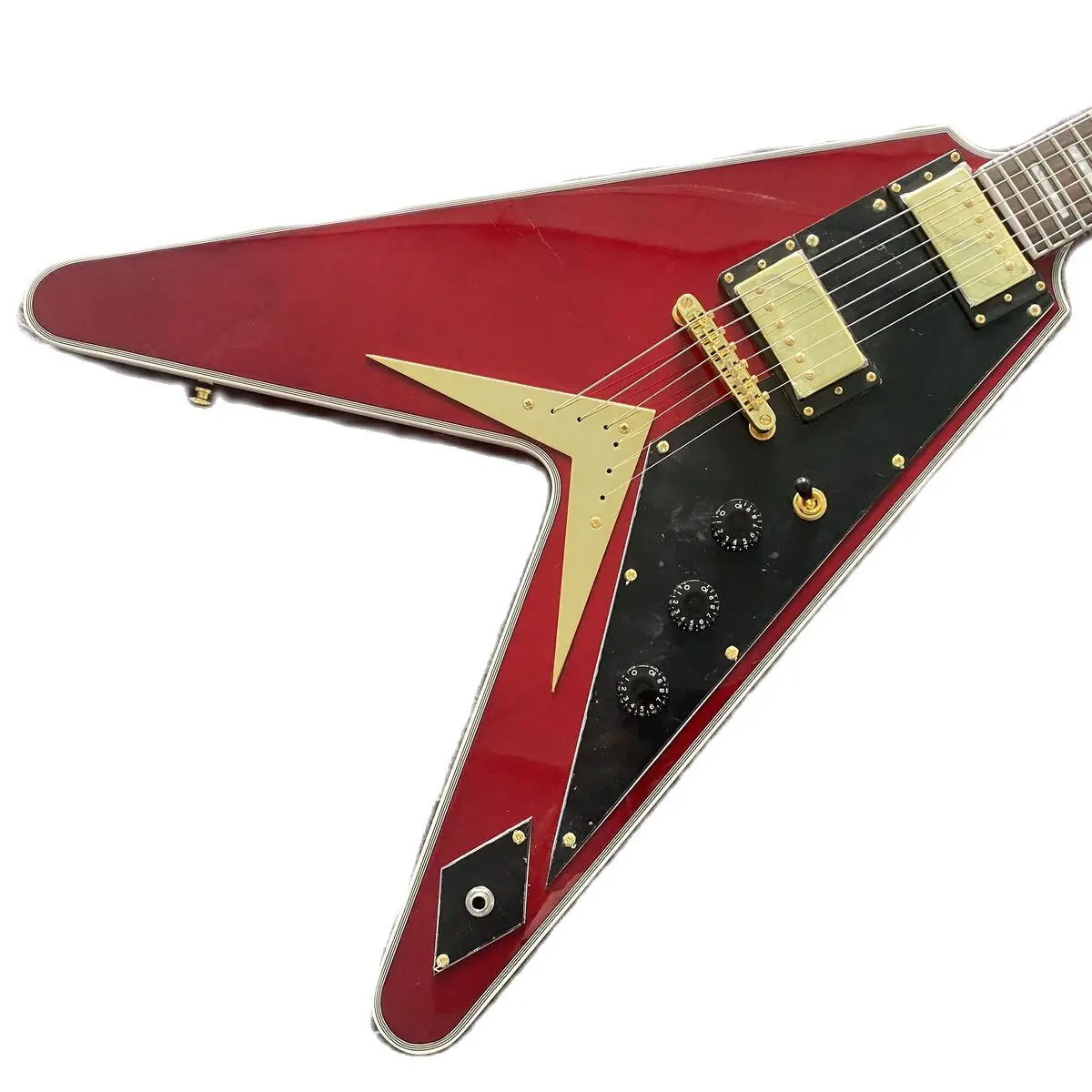 

Electric Guitar Gold Hardware Flying V Transparent Red Body and Neck