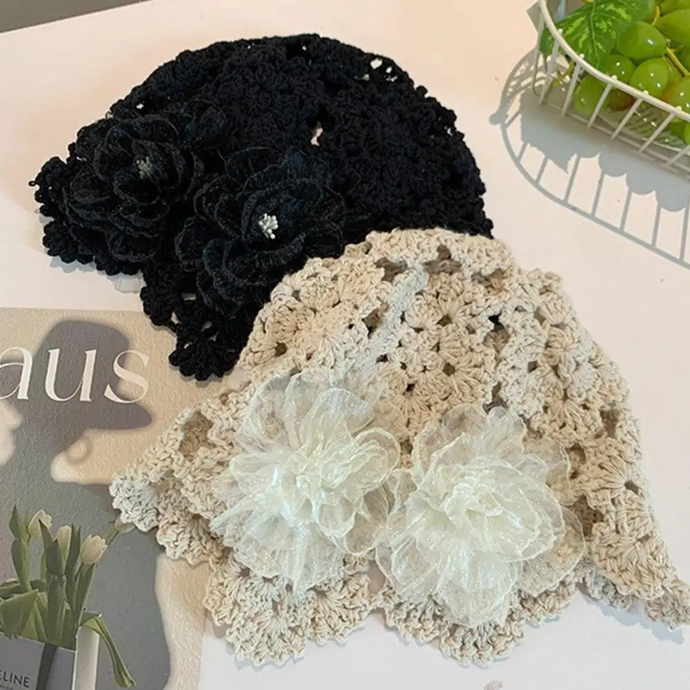 Корейская вязаная шапка с цветочным узором для девочек модная однотонная