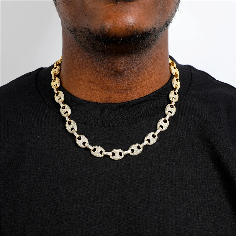 

12MM Bling Coffee Bean Iced Out CZ Prong Choker Link Chain Pig Nose Necklaces with Brass Gold Plated for Men HIP HOP Jewelry