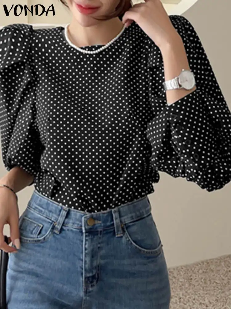 

Women Elegant OL Blouses Fashion Tops 2023 VONDA Summer Polka Do Shirts Long Puff Sleeve Printed Tunic Casual Loose Blusas Femme