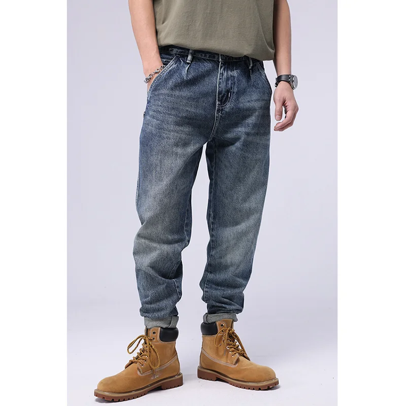 Men Clothing Autumn and Winter New Straight Loose Large High End Cotton Jeans Vintage Comfortable Blue Harun Trousers Female
