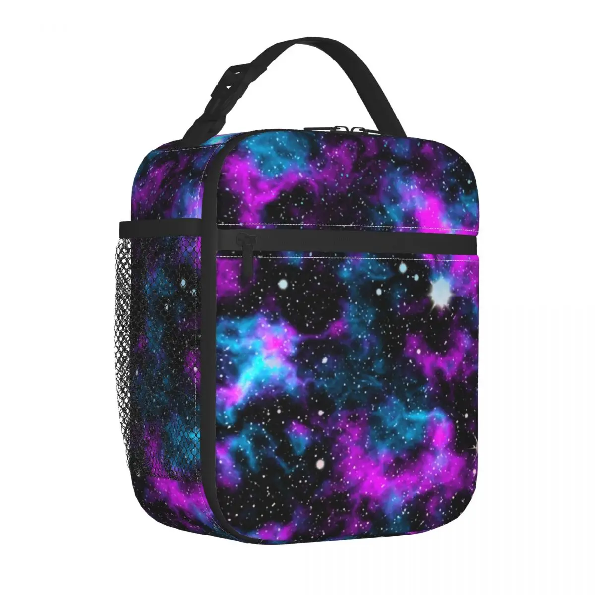 

Blue And Purple Galaxy Lunch Bag with Handle Cosmic Neon Print Food Mesh Pocket Cooler Bag Cool Zipper Takeaway Thermal Bag