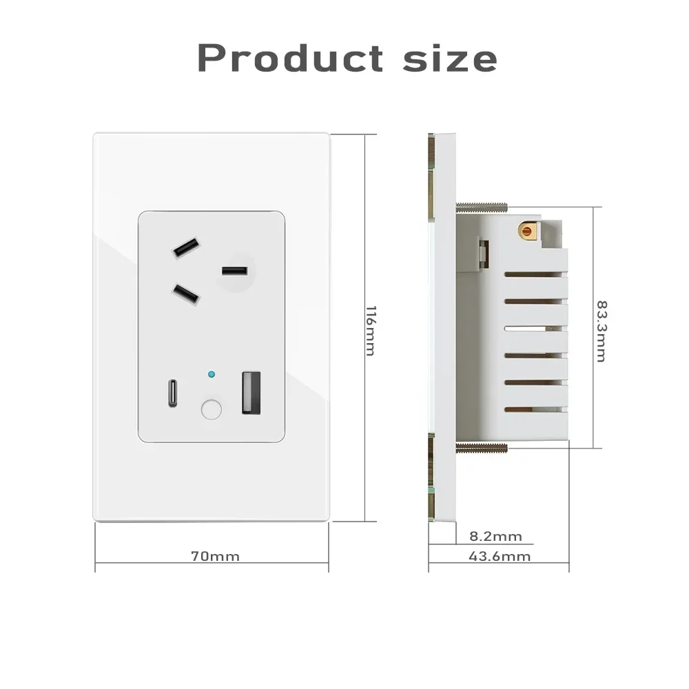 Настенная розетка Melery Austrial 10A Smart Tuya Wi-Fi USB Type C PD 30 Вт AU Розетка Стеклянная панель