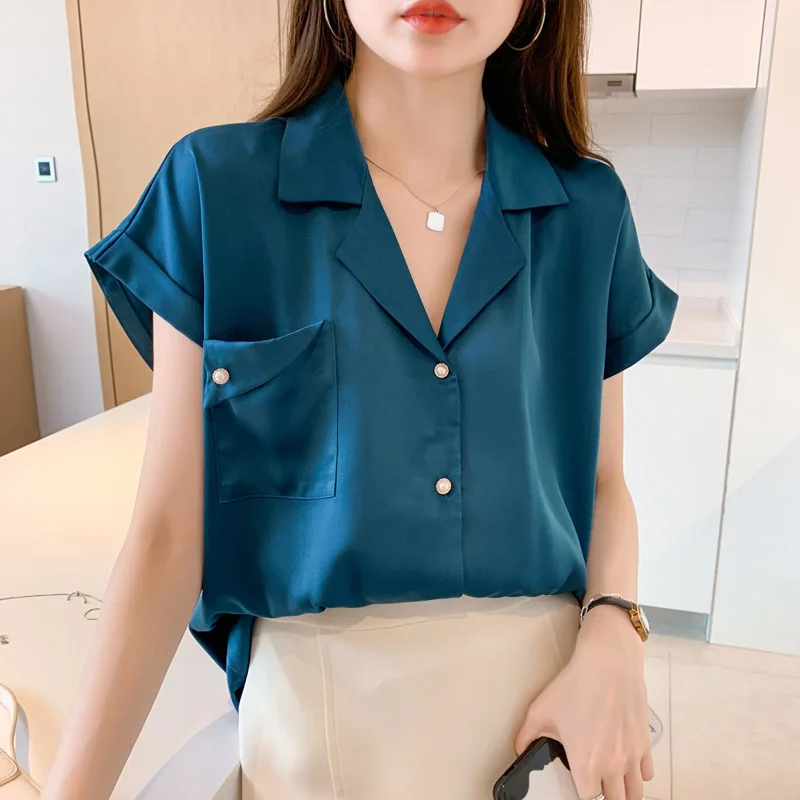 Женская шифоновая блузка на пуговицах с отложным воротником и коротким рукавом