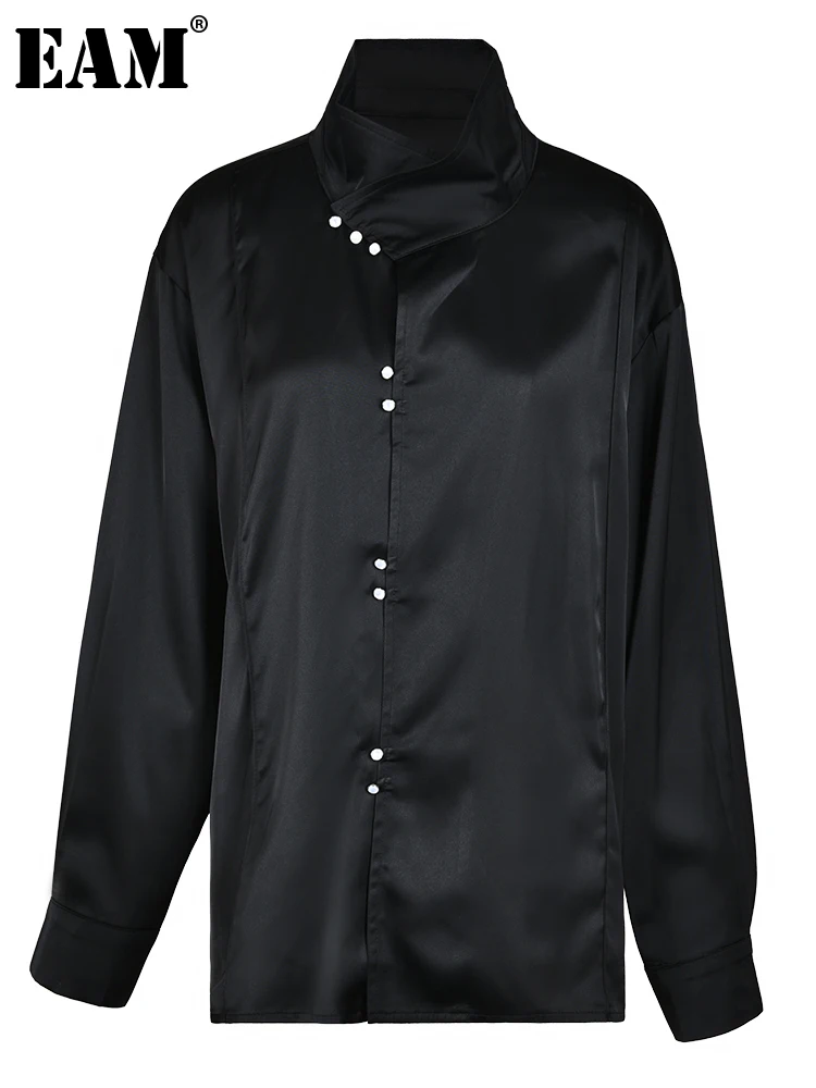 

[EAM] Women Black Button Vintage Big Size Blouse New Stand Collar Long Sleeve Loose Fit Shirt Fashion Spring Autumn 2023 CPG0354