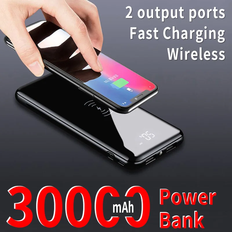 

30000mAh Wireless Power Bank Fast Charger HD Digital Display External Battery with LED Lamp For iPhone Huawei Xiaomi Samsung