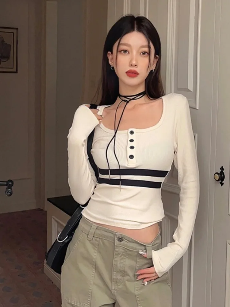 

Deeptown Vintage Striped Print Crop Tops Women Korean Style Y2k Square Neck Tops Female Casual Kpop Long Sleeve Tees New Spring
