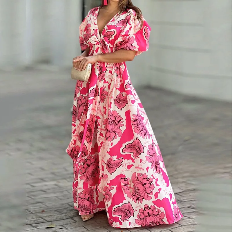 

Summer Maxi Dresses For Women Dress Elegant Dress Plant Printed V-Neck Fluffy Bubble Sleeve Large Skirt Dress For Women