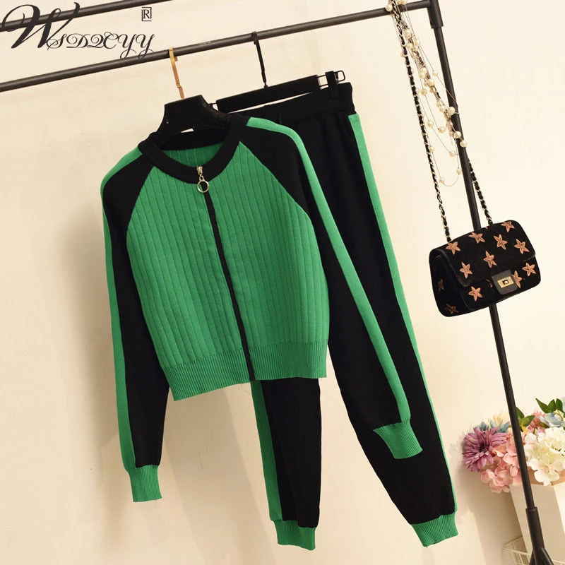 

Casual Sweater Baseball Sport Set Women Vintage Knitted Cardigans Jacket +Elastic Wiast Trousers 2 Peice Suits Zipper Tracksuits